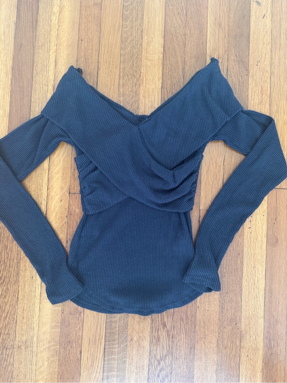 Free People Black Off-Shoulder Ribbed Long Sleeve Top